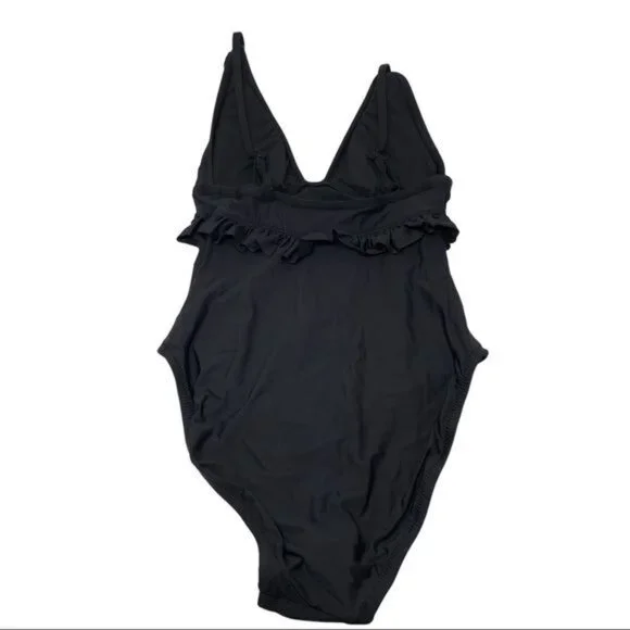 J. Crew Long Torso Ruffle Deep V One Piece Swimsuit Size 0 Black NWT - Picture 3 of 4